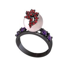 Afra İnci Yüzük - Pembe inci, garnet ve ametist 925 ayar siyah rodyum kaplama gümüş yüzük #p8fh6z