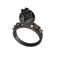 Afra İnci Yüzük - Siyah inci, siyah zirkon ve peridot 925 ayar siyah rodyum kaplama gümüş yüzük #pi471s