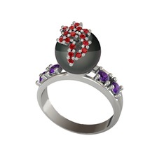 Afra İnci Yüzük - Siyah inci, garnet ve ametist 8 ayar beyaz altın yüzük #q32t0u