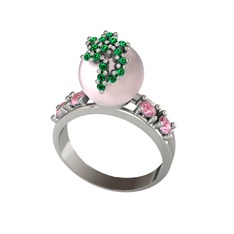 Afra İnci Yüzük - Pembe inci, yeşil kuvars ve pembe kuvars 8 ayar beyaz altın yüzük #q852e5