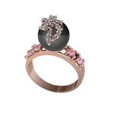 Siyah inci, swarovski ve pembe kuvars 14 ayar rose altın yüzük