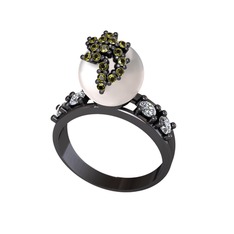 Afra İnci Yüzük - Inci, peridot ve pırlanta 925 ayar siyah rodyum kaplama gümüş yüzük (0.044 karat) #qrb4vl