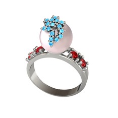 Afra İnci Yüzük - Pembe inci, akuamarin ve garnet 14 ayar beyaz altın yüzük #r4sw3z