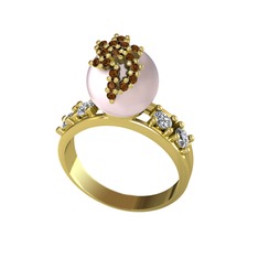 Afra İnci Yüzük - Pembe inci, dumanlı kuvars ve swarovski 18 ayar altın yüzük #r835rl