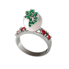 Afra İnci Yüzük - Inci, yeşil kuvars ve garnet 18 ayar beyaz altın yüzük #s45s99