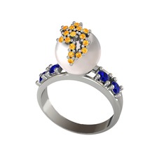 Afra İnci Yüzük - Inci, sitrin ve lab safir 18 ayar beyaz altın yüzük #s96ncj