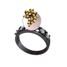 Afra İnci Yüzük - Pembe inci, sitrin ve beyaz zirkon 925 ayar siyah rodyum kaplama gümüş yüzük #s9uvpn