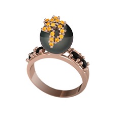 Siyah inci, sitrin ve siyah zirkon 8 ayar rose altın yüzük