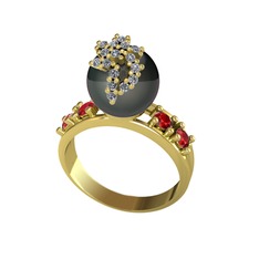 Afra İnci Yüzük - Siyah inci, pırlanta ve garnet 14 ayar altın yüzük (0.176 karat) #sd5q85
