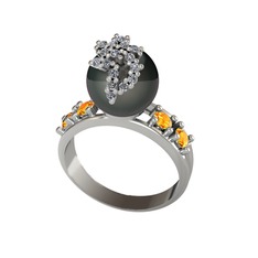 Afra İnci Yüzük - Siyah inci, swarovski ve sitrin 14 ayar beyaz altın yüzük #sdm0xo