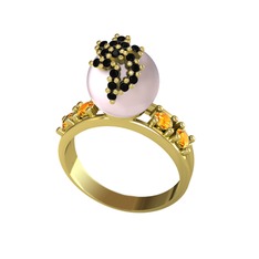 Afra İnci Yüzük - Pembe inci, siyah zirkon ve sitrin 8 ayar altın yüzük #srq6rc