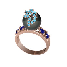 Afra İnci Yüzük - Siyah inci, akuamarin ve lab safir 8 ayar rose altın yüzük #t7tope