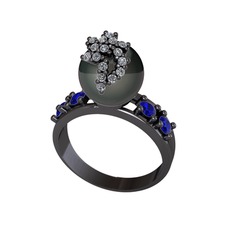 Afra İnci Yüzük - Siyah inci, pırlanta ve lab safir 925 ayar siyah rodyum kaplama gümüş yüzük (0.176 karat) #thuav1