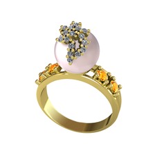 Afra İnci Yüzük - Pembe inci, swarovski ve sitrin 18 ayar altın yüzük #tou4du