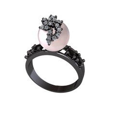 Afra İnci Yüzük - Pembe inci, swarovski ve siyah zirkon 925 ayar siyah rodyum kaplama gümüş yüzük #tqw45f
