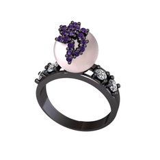 Afra İnci Yüzük - Pembe inci, ametist ve beyaz zirkon 925 ayar siyah rodyum kaplama gümüş yüzük #tuymfm