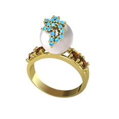 Inci, akuamarin ve dumanlı kuvars 14 ayar altın yüzük