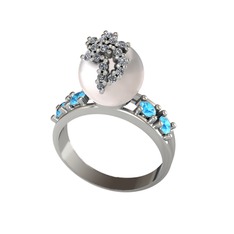 Inci, swarovski ve akuamarin 14 ayar beyaz altın yüzük