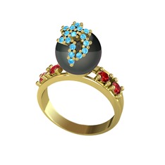 Afra İnci Yüzük - Siyah inci, akuamarin ve garnet 18 ayar altın yüzük #u4b7k1