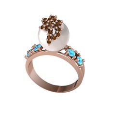 Inci, dumanlı kuvars ve akuamarin 18 ayar rose altın yüzük