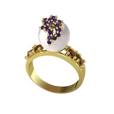 Inci, ametist ve dumanlı kuvars 14 ayar altın yüzük