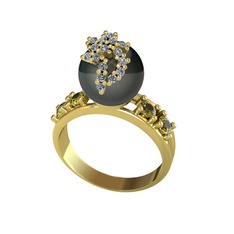 Siyah inci, swarovski ve peridot 14 ayar altın yüzük