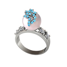 Afra İnci Yüzük - Pembe inci, akuamarin ve pırlanta 18 ayar beyaz altın yüzük (0.044 karat) #vju4q7