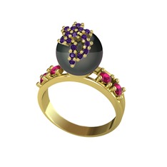 Afra İnci Yüzük - Siyah inci, ametist ve rodolit garnet 925 ayar altın kaplama gümüş yüzük #vniy0a