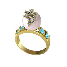 Afra İnci Yüzük - Pembe inci, swarovski ve akuamarin 8 ayar altın yüzük #w2pbl6