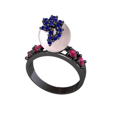 Afra İnci Yüzük - Pembe inci, lab safir ve rodolit garnet 925 ayar siyah rodyum kaplama gümüş yüzük #w8dby0