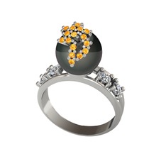 Afra İnci Yüzük - Siyah inci, sitrin ve pırlanta 925 ayar gümüş yüzük (0.044 karat) #wpwmcx