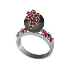 Afra İnci Yüzük - Siyah inci, garnet ve rodolit garnet 8 ayar beyaz altın yüzük #xvjgrg
