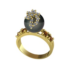 Siyah inci, beyaz zirkon ve dumanlı kuvars 14 ayar altın yüzük