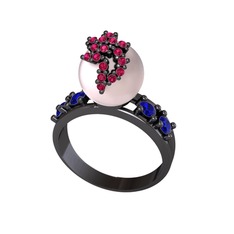 Afra İnci Yüzük - Pembe inci, rodolit garnet ve lab safir 925 ayar siyah rodyum kaplama gümüş yüzük #y8gajm