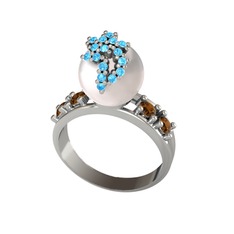 Afra İnci Yüzük - Inci, akuamarin ve dumanlı kuvars 8 ayar beyaz altın yüzük #yibamn