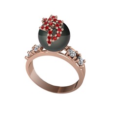 Afra İnci Yüzük - Siyah inci, garnet ve pırlanta 14 ayar rose altın yüzük (0.044 karat) #yzub3q
