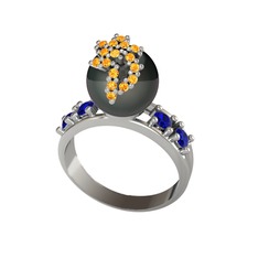 Afra İnci Yüzük - Siyah inci, sitrin ve lab safir 8 ayar beyaz altın yüzük #z02aqi