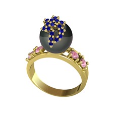 Afra İnci Yüzük - Siyah inci, lab safir ve pembe kuvars 14 ayar altın yüzük #z6l555