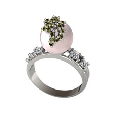 Afra İnci Yüzük - Pembe inci, peridot ve pırlanta 18 ayar beyaz altın yüzük (0.044 karat) #zd10al