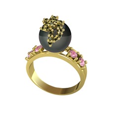 Afra İnci Yüzük - Siyah inci, peridot ve pembe kuvars 14 ayar altın yüzük #zda250