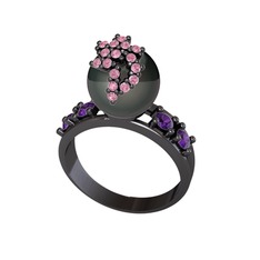 Afra İnci Yüzük - Siyah inci, pembe kuvars ve ametist 925 ayar siyah rodyum kaplama gümüş yüzük #zfyxvi