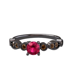 Minimal Meria Yüzük - Rodolit garnet ve dumanlı kuvars 925 ayar siyah rodyum kaplama gümüş yüzük #1u6u73m