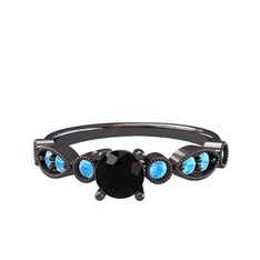 Minimal Meria Yüzük - Siyah zirkon ve akuamarin 925 ayar siyah rodyum kaplama gümüş yüzük #s5432r