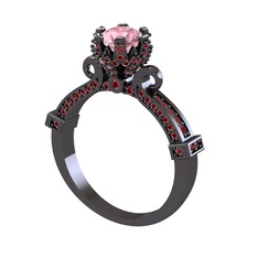 Kraliyet Tektaş Yüzük - Pembe kuvars ve garnet 925 ayar siyah rodyum kaplama gümüş yüzük #1520qi4