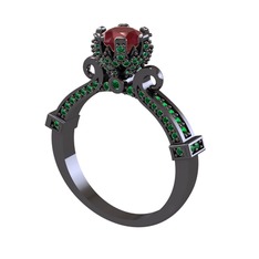 Kraliyet Tektaş Yüzük - Kök yakut ve yeşil kuvars 925 ayar siyah rodyum kaplama gümüş yüzük #157quf9