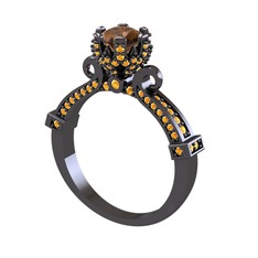 Kraliyet Tektaş Yüzük - Dumanlı kuvars ve sitrin 925 ayar siyah rodyum kaplama gümüş yüzük #1bng87b