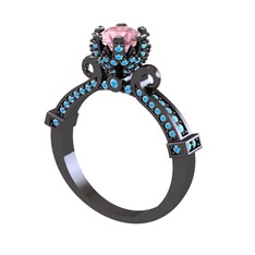 Pembe kuvars ve akuamarin 925 ayar siyah rodyum kaplama gümüş yüzük