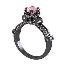 Kraliyet Tektaş Yüzük - Pembe kuvars ve swarovski 925 ayar siyah rodyum kaplama gümüş yüzük #1h2ljeo