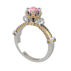 Pembe kuvars ve sitrin 14 ayar beyaz altın yüzük