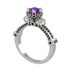 Kraliyet Tektaş Yüzük - Ametist ve siyah zirkon 14 ayar beyaz altın yüzük #1lcogyi